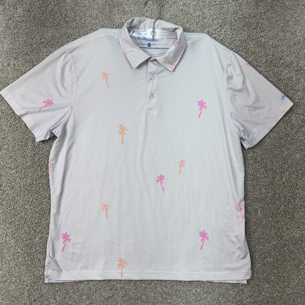 Chubbies Polo Shirt Men XL Gray Palm Tree Print Performance Stretch Short Sleeve